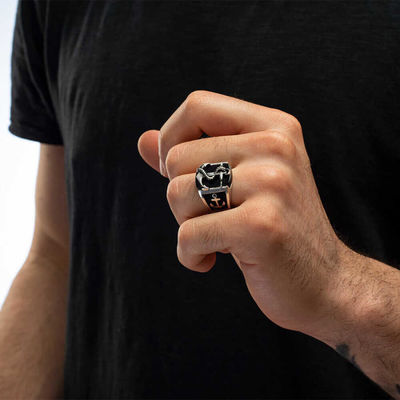 Silver Anchor Mens Ring with Black Onyx Stone - 4