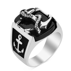Silver Anchor Mens Ring with Black Onyx Stone - 1