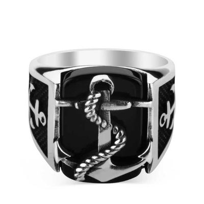 Silver Anchor Mens Ring with Black Onyx Stone - 2