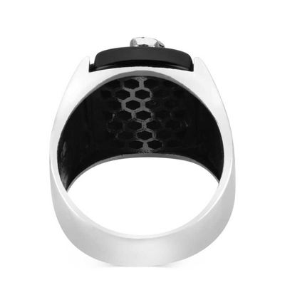 Silver Anchor Mens Ring with Black Onyx Stone - 3