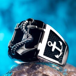 Silver Anchor Mens Ring with Black Onyx Stone - 5