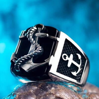 Silver Anchor Mens Ring with Black Onyx Stone - 5