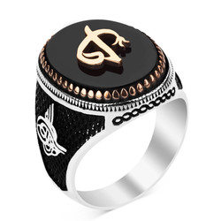 Silver Arabic E-V Mens Ring with Black Onyx Stonework - 2