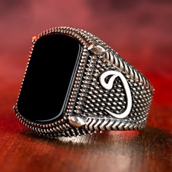 Silver Arabic Letter V Mens Ring with Black Onyx Stone - 5