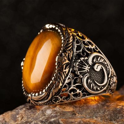 Silver Arabic Letter V Mens Ring with Brown Tigereye Stone - 4