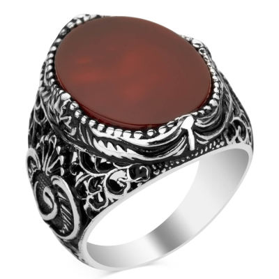 Silver Arabic Letter V Mens Ring with Plain Burgundy Agate Stone - 1