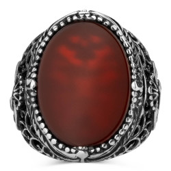 Silver Arabic Letter V Mens Ring with Plain Burgundy Agate Stone - 2