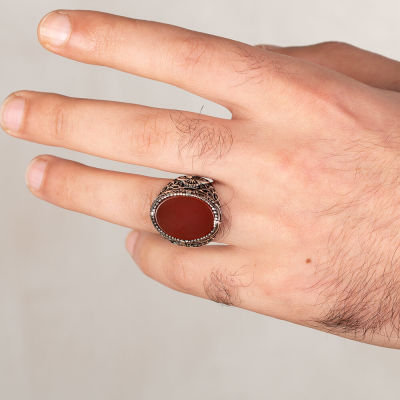 Silver Arabic Letter V Mens Ring with Plain Burgundy Agate Stone - 3