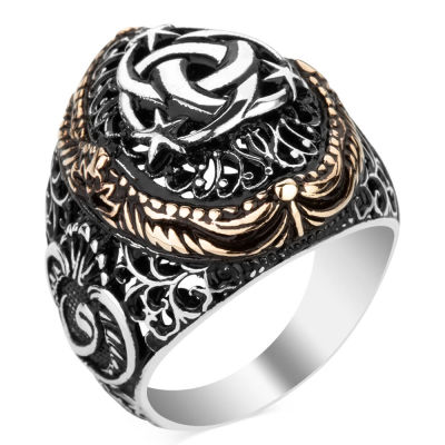 Silver Arabic Letter V Mens Ring with Teskilati Mahsusa Design - 1