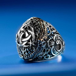 Silver Arabic Letter V Mens Ring with Teskilati Mahsusa Design - 4