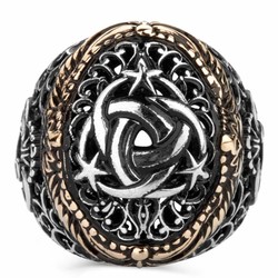 Silver Arabic Letter V Mens Ring with Teskilati Mahsusa Design - 2