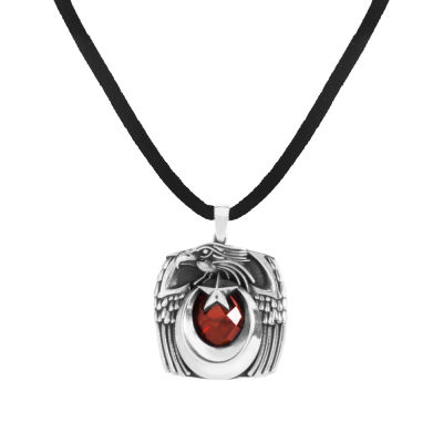 Silver Crescent Star Eagle Head Mens Necklace with Red Stonework - 1