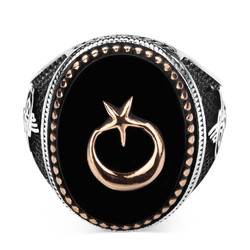 Silver Crescent Star Mens Ring with Black Onyx Stonework - 2