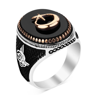 Silver Crescent Star Mens Ring with Black Onyx Stonework - 1
