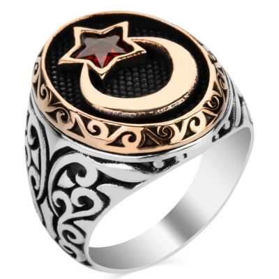 Silver Crescent Star Mens Ring with Red Stone - 2