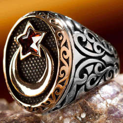 Silver Crescent Star Mens Ring with Red Stone - 1