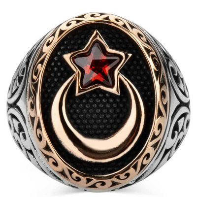 Silver Crescent Star Mens Ring with Red Stone - 3