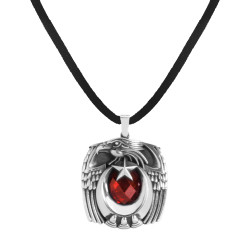 Silver Eagle Head Mens Necklace with Red Stonework 