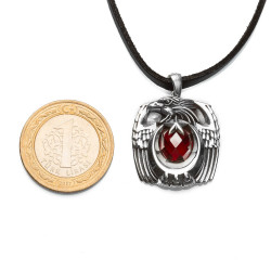 Silver Eagle Head Mens Necklace with Red Stonework - 2