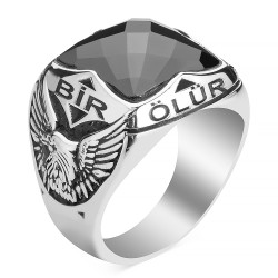 Silver Eagle Motive Mens Ring with One of Us Dies A Thousand Rises Phrase - 1