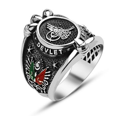 Silver Eternal State Tughra Mens Ring with Eagle Talon - 1