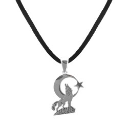 Silver Grey Wolf Mens Necklace with Crescent Star - 1