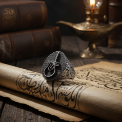 Silver Inlaid Mens Ring with Red Zircon Stonework - Anı Yüzük