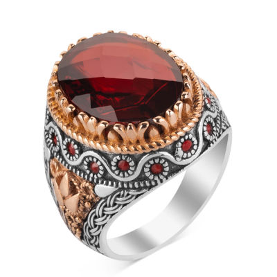 Silver Inlaid Mens Ring with Red Zircon Stonework - 2