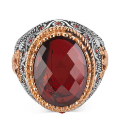Silver Inlaid Mens Ring with Red Zircon Stonework - 3