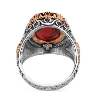 Silver Inlaid Mens Ring with Red Zircon Stonework - 4