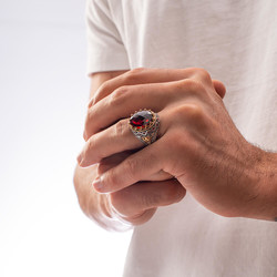 Silver Inlaid Mens Ring with Red Zircon Stonework - 5