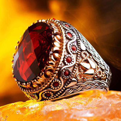 Silver Inlaid Mens Ring with Red Zircon Stonework - 1