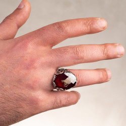 Silver Mens Ottoman Tughra Ring with Red Zircon Stone - 4