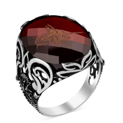 Silver Mens Ottoman Tughra Ring with Red Zircon Stone - 1