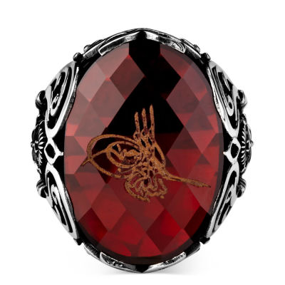 Silver Mens Ottoman Tughra Ring with Red Zircon Stone - 2