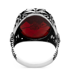 Silver Mens Ottoman Tughra Ring with Red Zircon Stone - 3