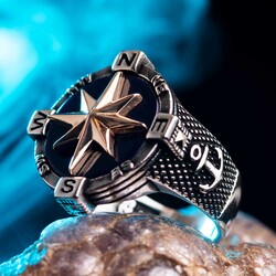 Silver Mens Ring with Anchor and Compass Ornaments - 5