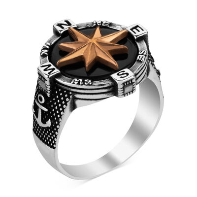 Silver Mens Ring with Anchor and Compass Ornaments - 1
