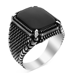 Silver Mens Ring with Black Onyx Stone - 1