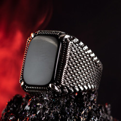 Silver Mens Ring with Black Onyx Stone - 5