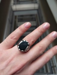 Silver Mens Ring with Black Oval Onyx Stone - 5