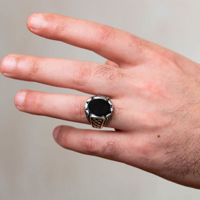 Silver Mens Ring with Black Oval Onyx Stone - 4