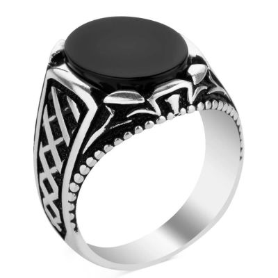 Silver Mens Ring with Black Oval Onyx Stone - 2