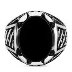 Silver Mens Ring with Black Oval Onyx Stone - 3