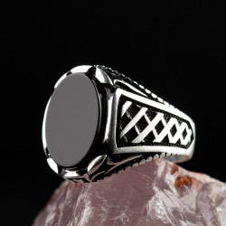 Silver Mens Ring with Black Oval Onyx Stone - 6