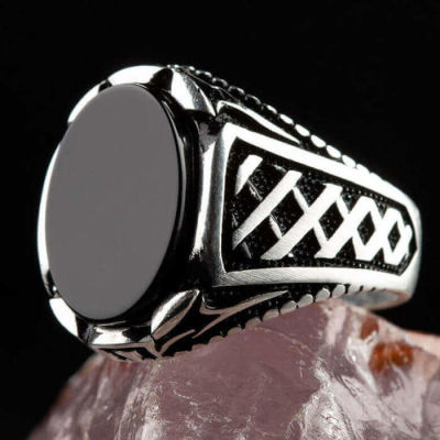 Silver Mens Ring with Black Oval Onyx Stone - 1