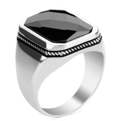 Silver Mens Ring with Black Zircon Stone - 2