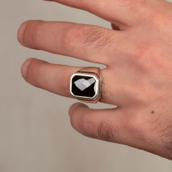 Silver Mens Ring with Black Zircon Stone - 6