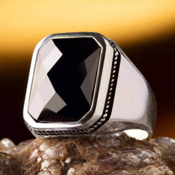 Silver Mens Ring with Black Zircon Stone - 1