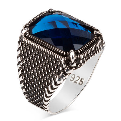 Silver Mens Ring with Blue Zircon Stone - 2